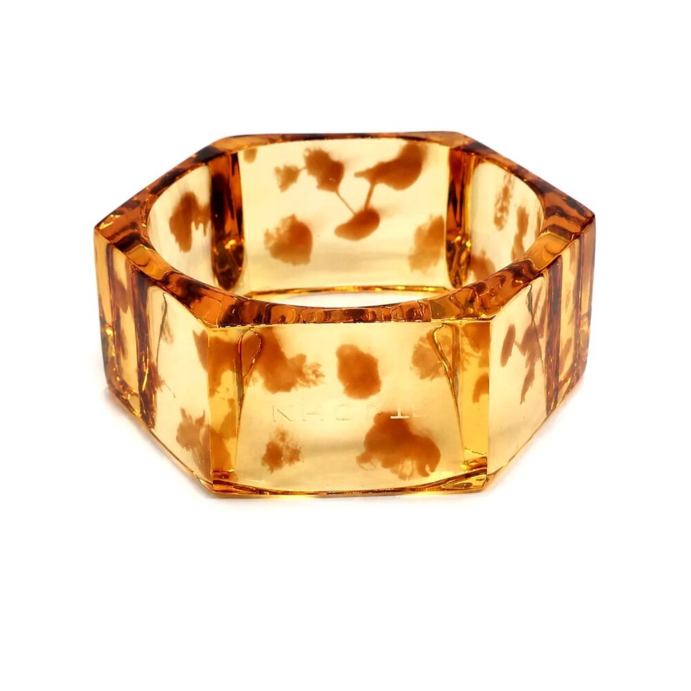ST JOHN BRACELET Tortoise Lucite Amber Hexagon Chunky Wide Signed Bangle
